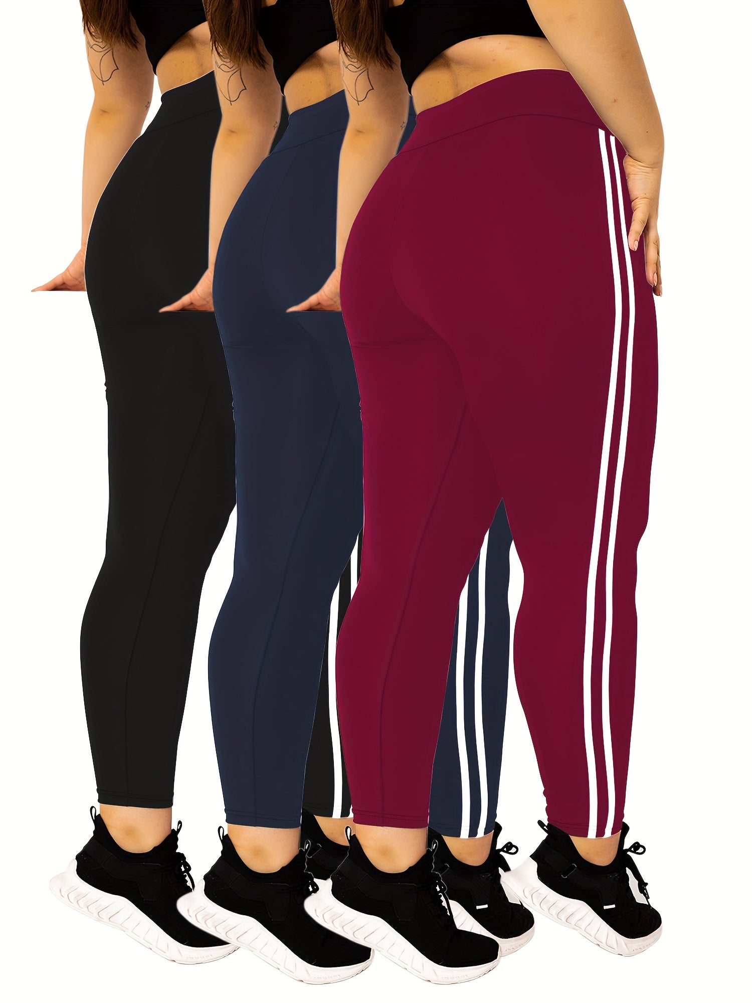 Plus Size High-Waisted Leggings 3-Pack with Side Stripes 4-Way Stretch