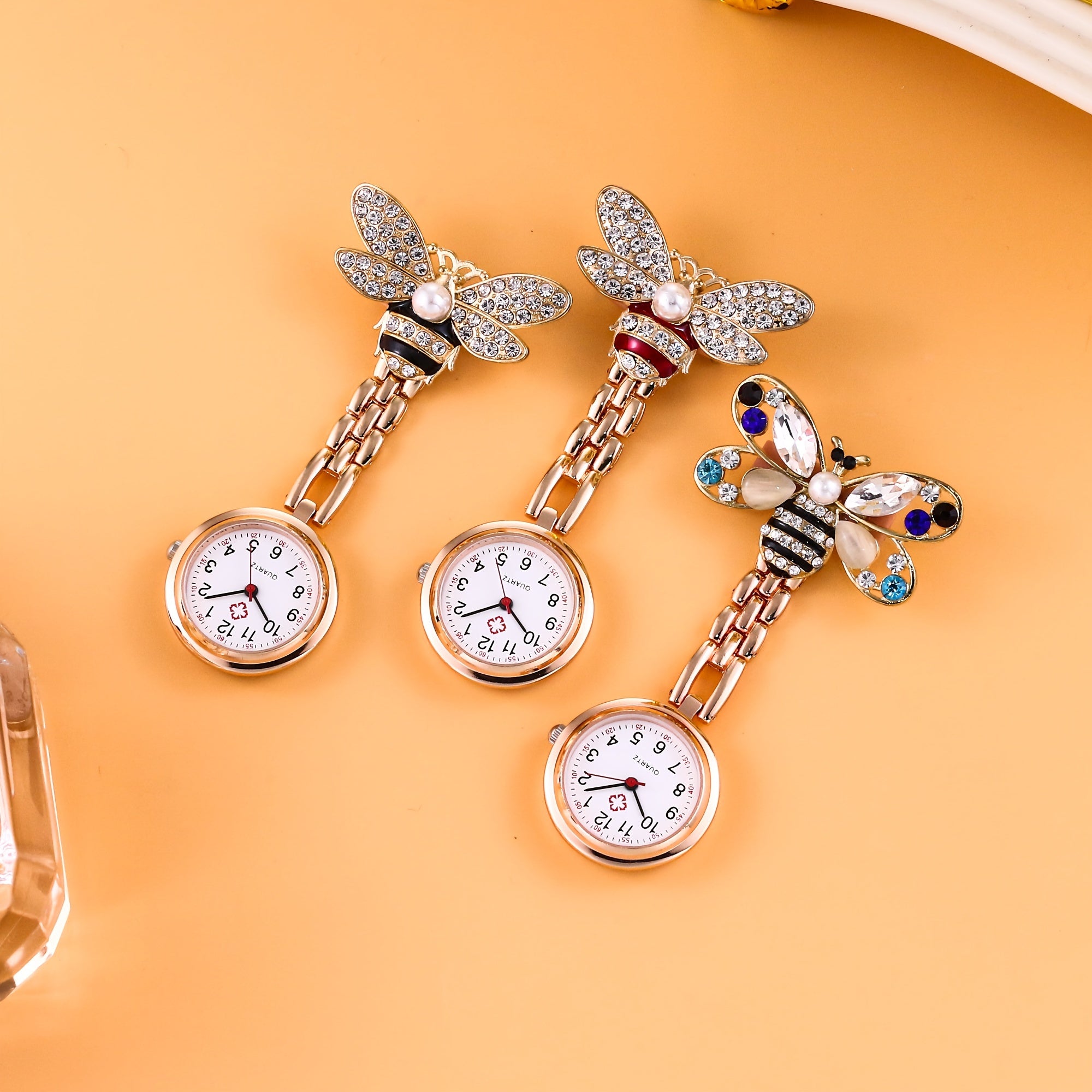 Sparkling Rhinestone Bee Nurse Brooch Medical Animal-Themed Doctor Paramedic Fob Watch