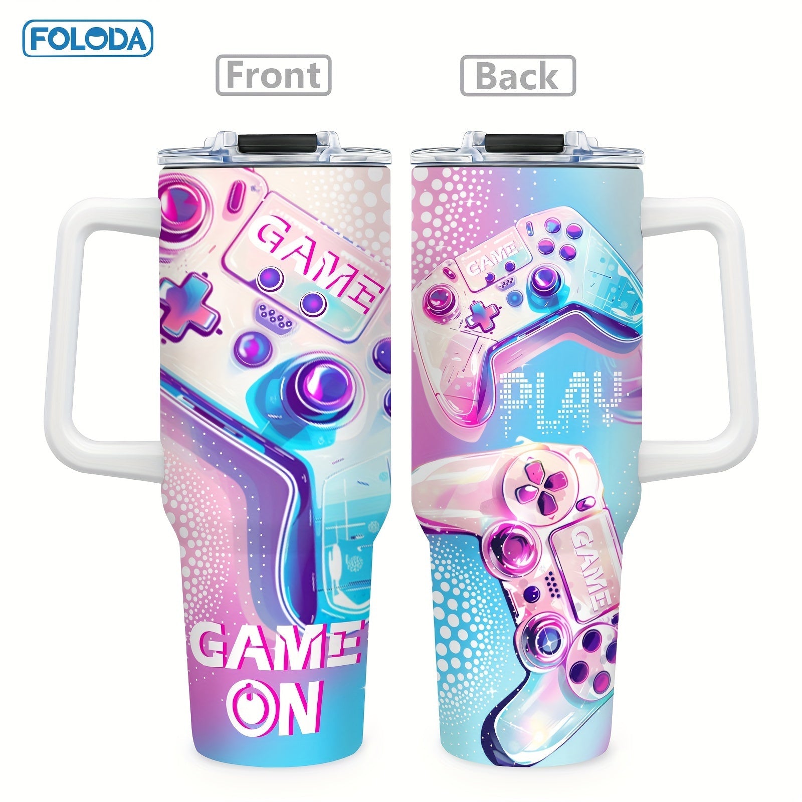 40oz Stainless Steel Tumbler with Gaming Controller Design, Handle, Lid, Straw