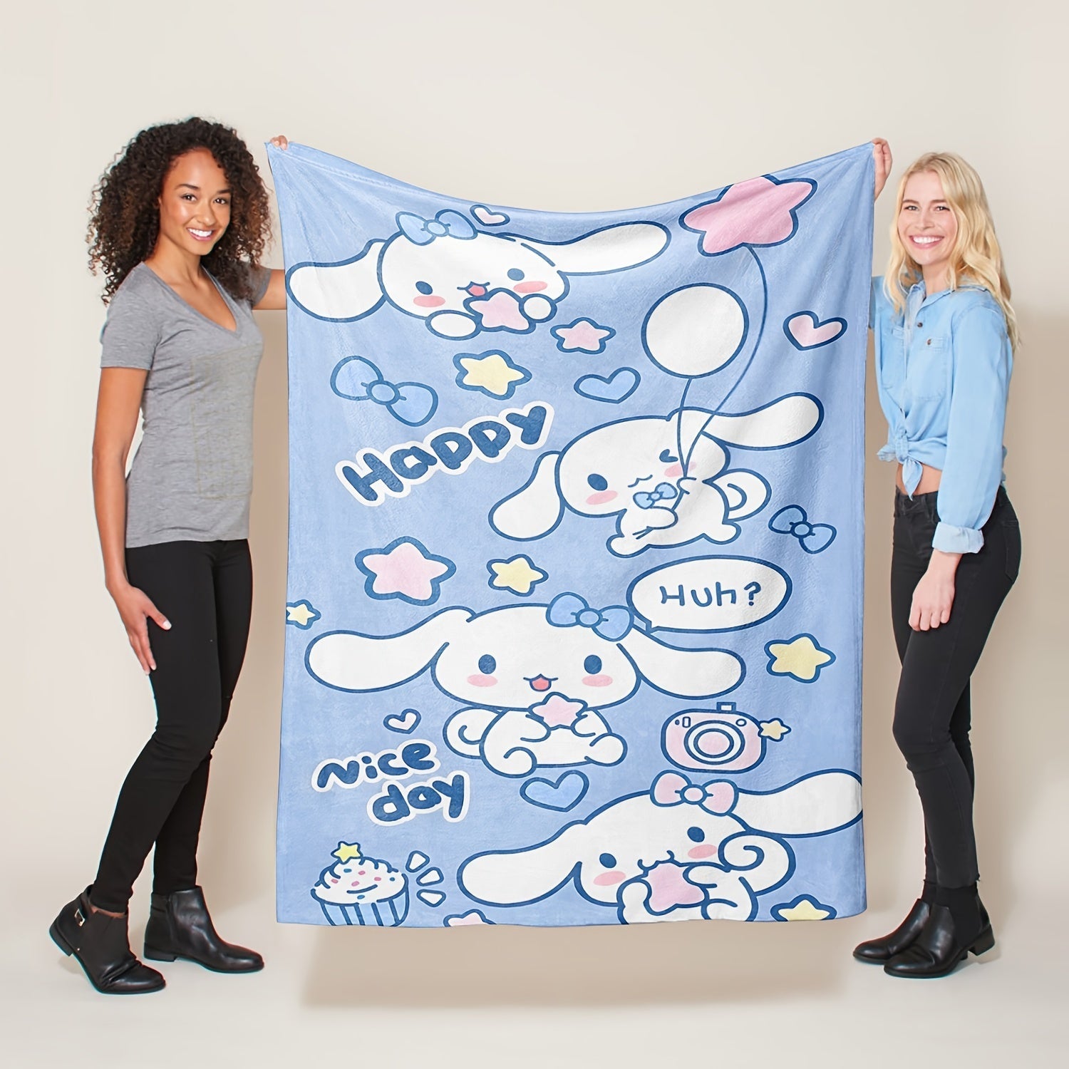 Soft Warm Cinnamoroll Plush Flannel Throw Blanket Cozy Cartoon Print for Bedroom Living Room Camping