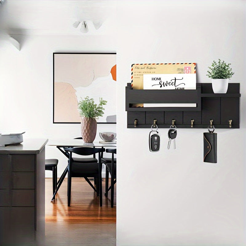 Perchero de pared de madera con organizador de correo y bandeja decoración de estilo rústico