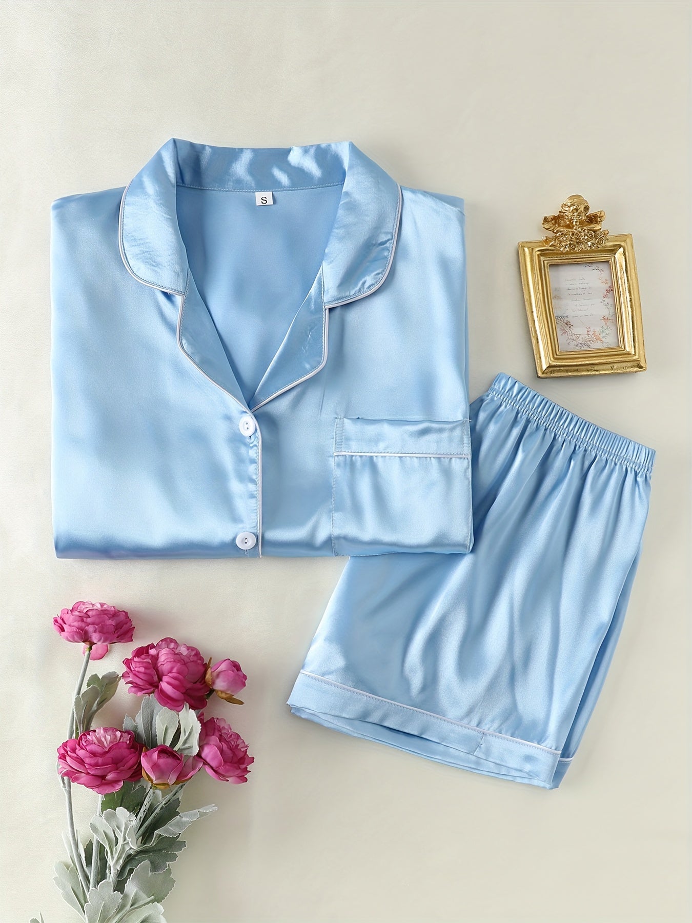 Women's Satin Lounge Set Short Sleeve Button-Up Top with Lapel Collar and Elastic Shorts