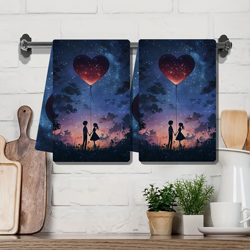 2 Ultra Soft Absorbent Kitchen Towels with Anime Couple and Heart Balloon
