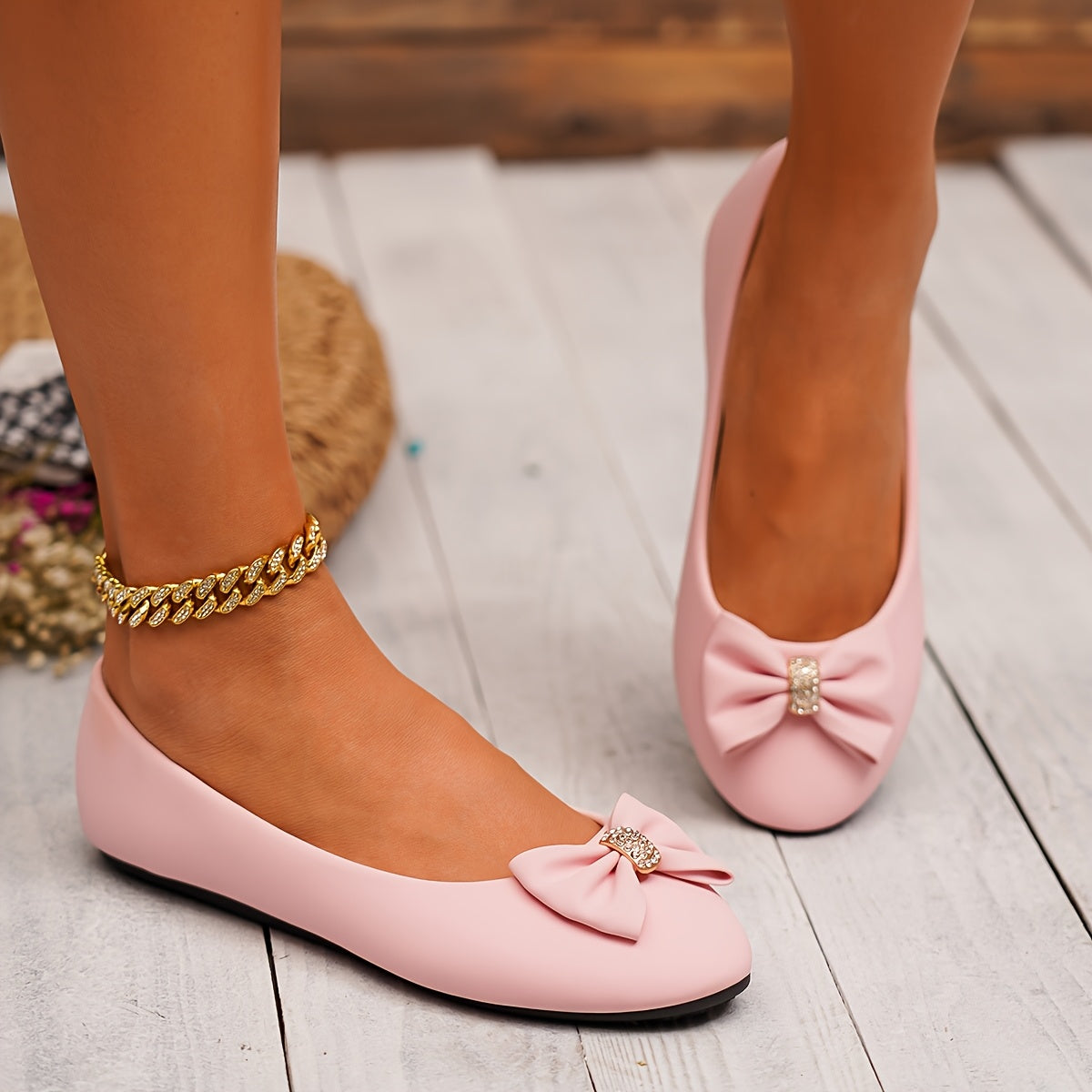 Women's Slip-On Loafers with Glitter Bow Flats in White Pink Brown