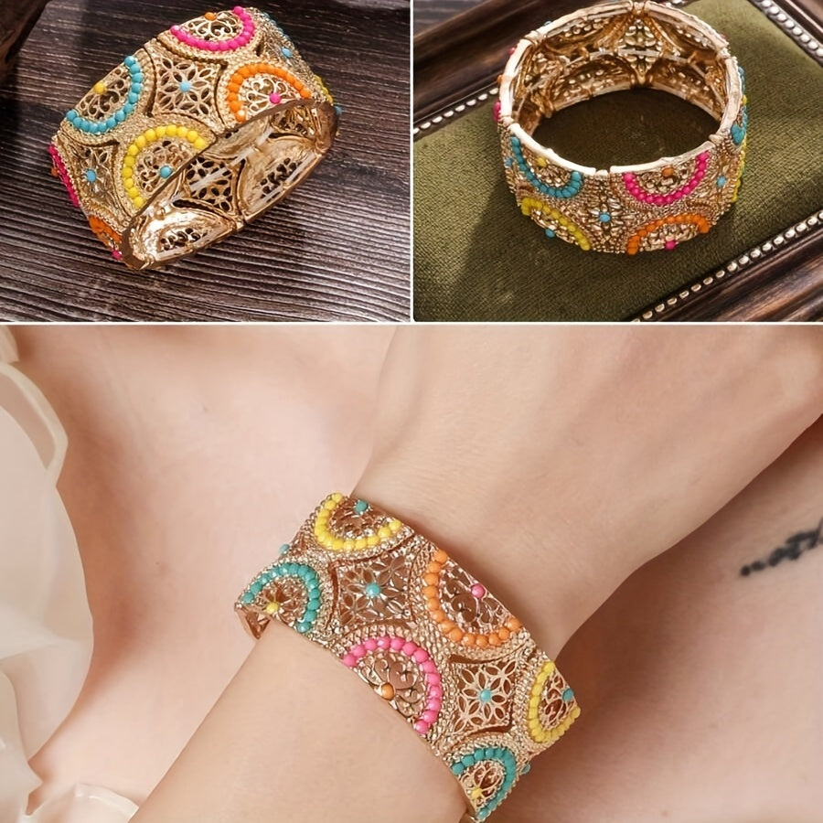 Vintage Alloy Boho Chic Wide Cuff Bracelet Elastic Band Jewelry for Women