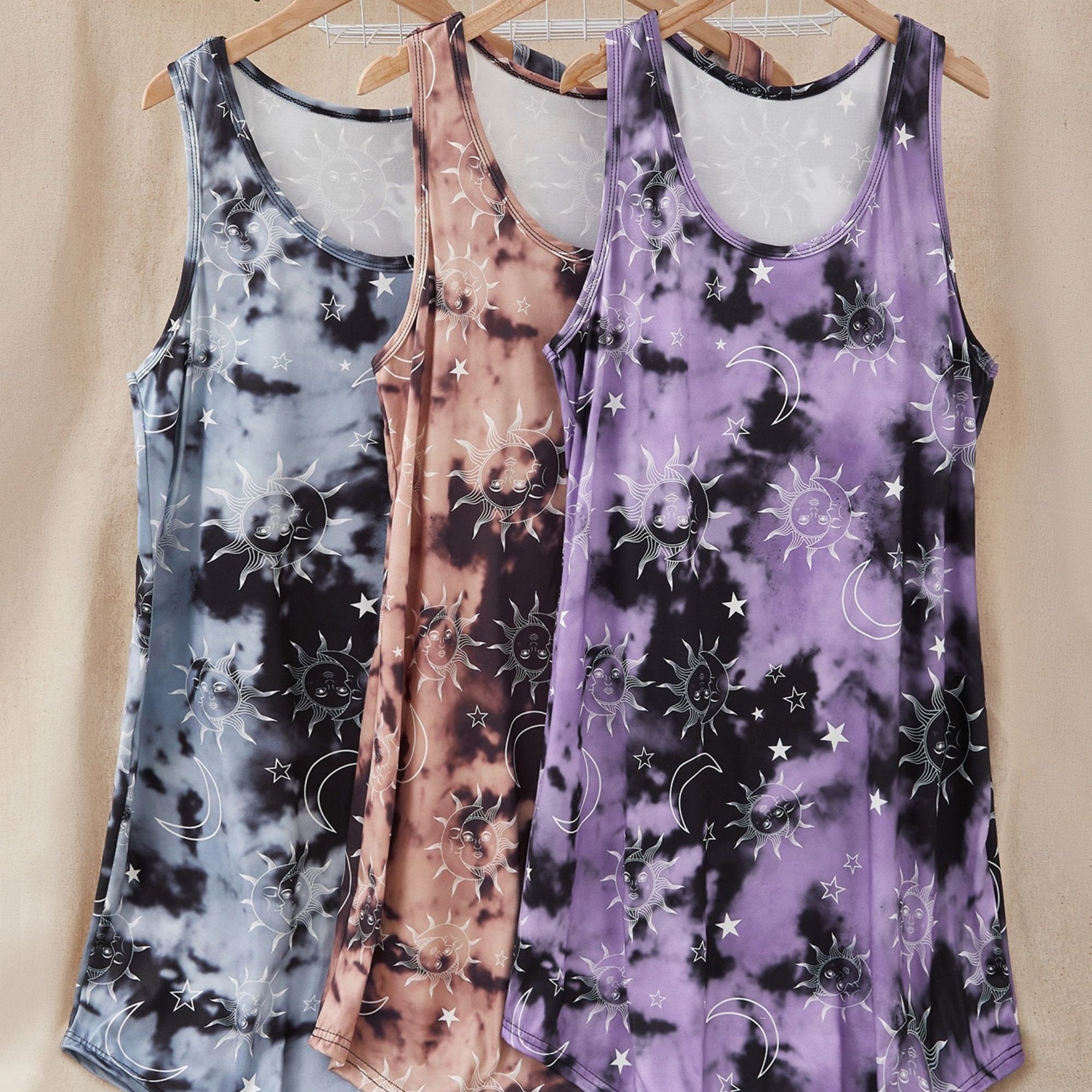 Plus Size Women's Bohemian Tie-Dye Tank Dress with Sun and Moon Floral Print