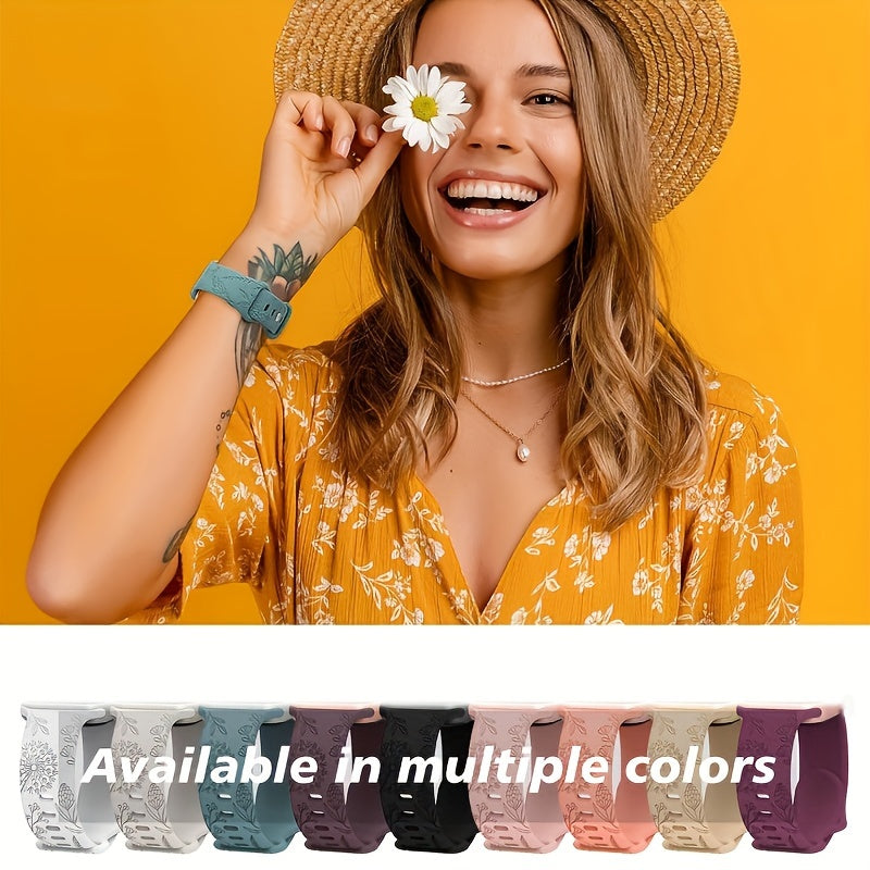 Elegant Floral Silicone Watch Band for Apple Watch Series SE/8/7/6/5/4/3/2/1 Adjustable Skin-Friendly Blue Clasp