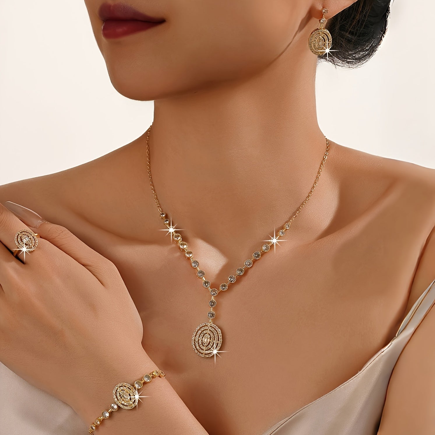 Luxurious women's bridal jewelry set featuring five pieces, adorned with genuine oxidized zirconia. Perfect for everyday wedding attire or as a special gift for loved ones.