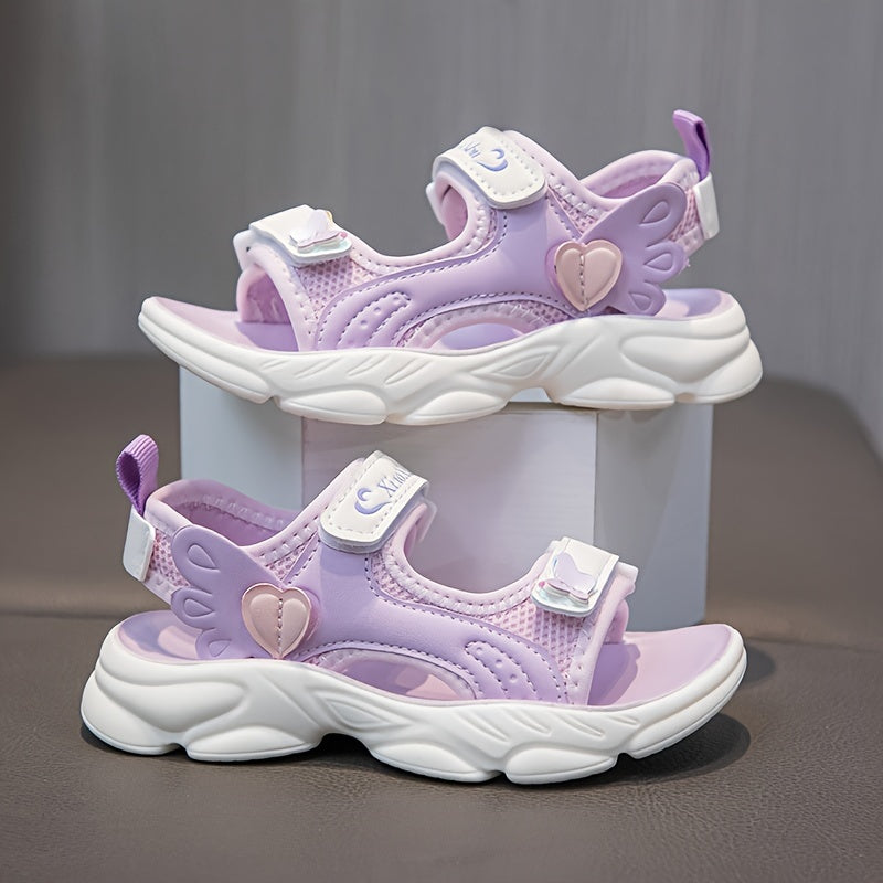 Girls Summer Sandals Lightweight Non-Slip Pink White Heart Wing Design Breathable Mesh