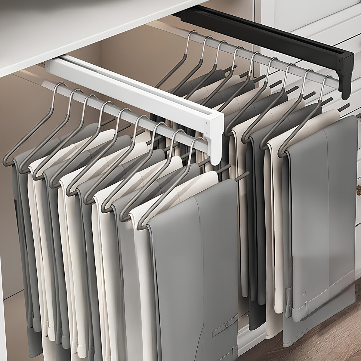 Adjustable Pull-Out Clothing Storage Rack with Metal Rod for Wardrobe Organization