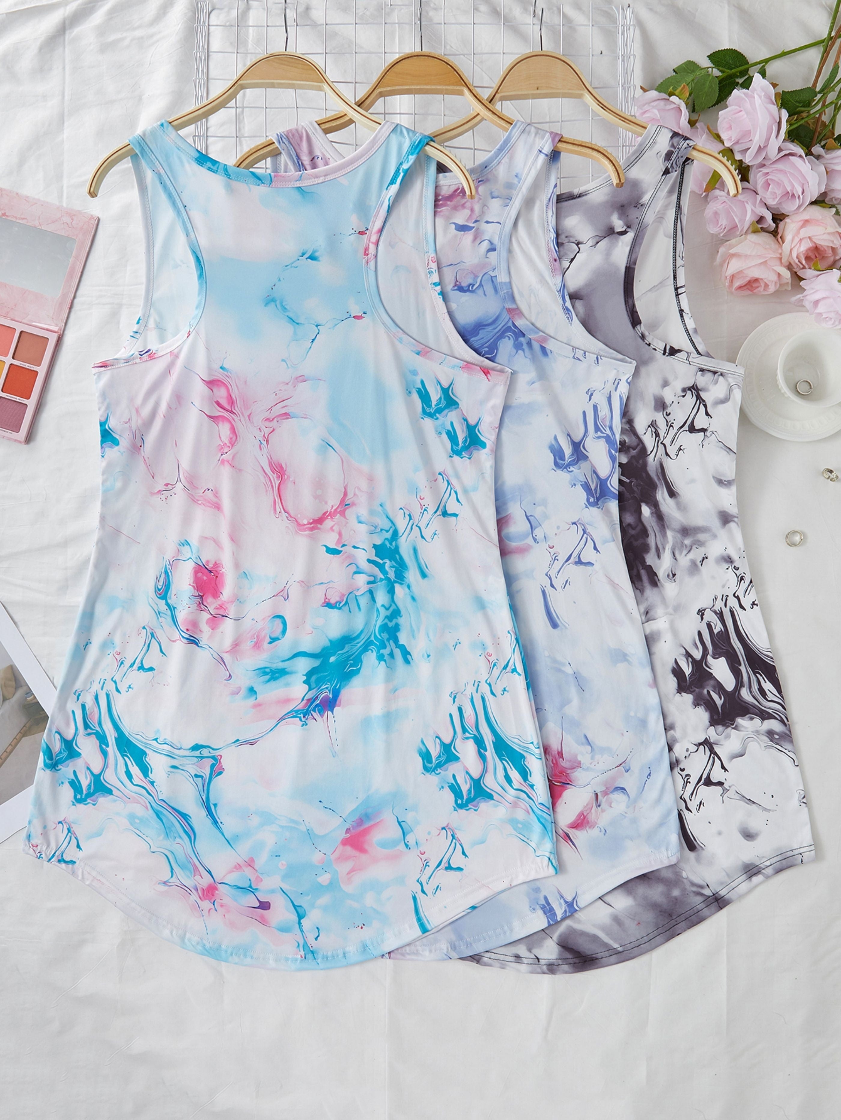 Plus Size Women's Bohemian Tie-Dye Tank Dress with Sun and Moon Floral Print