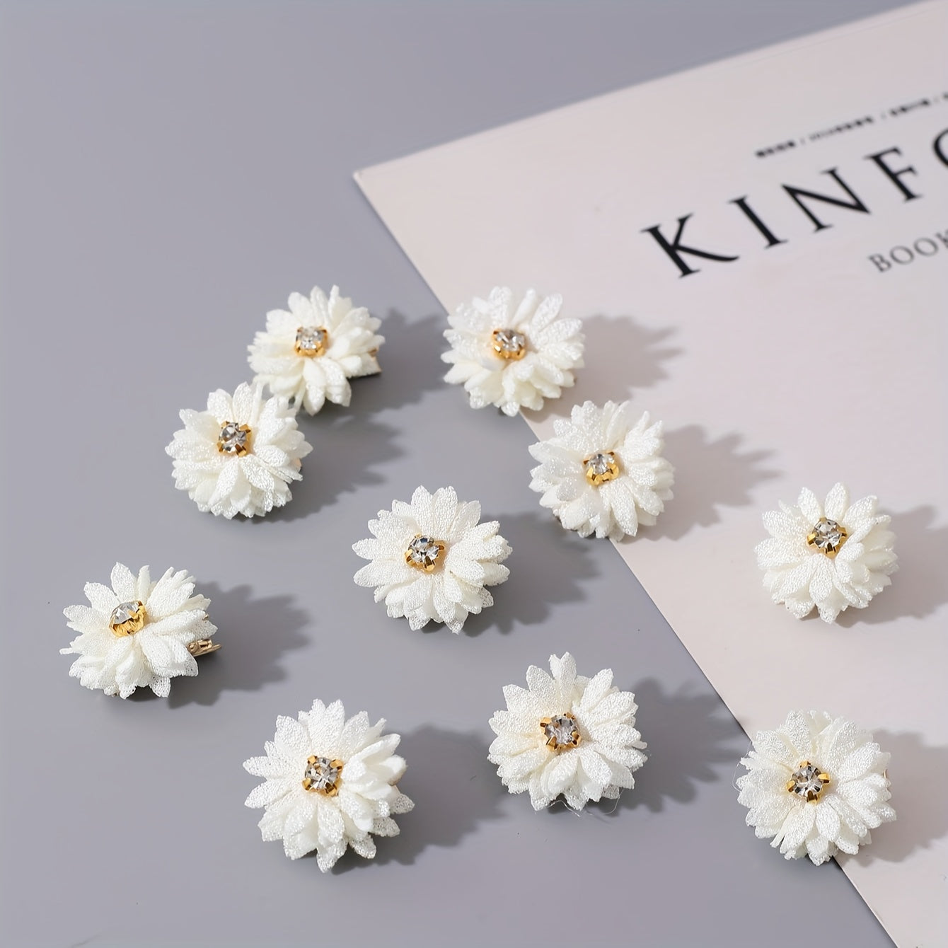 Set of 10 Chinese-Style Fabric Flower Hair Clips with Rhinestone Centers for Women