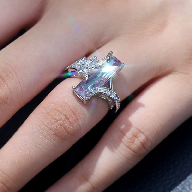Women's Square Rainbow Topaz Silver Plated Ring Jewelry Gift
