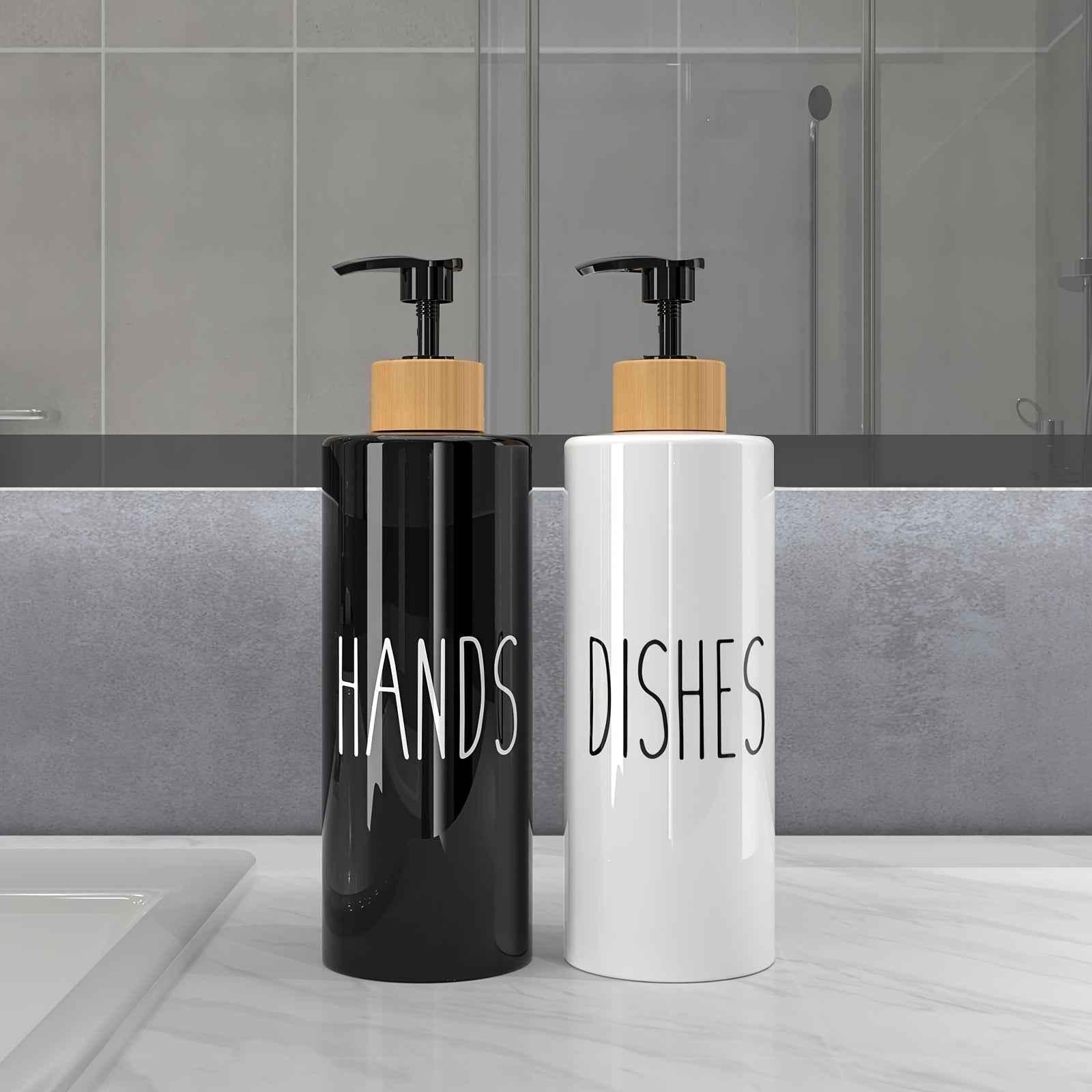Set of 2 Refillable Soap Dispensers with 16.91oz PET Plastic Bottles and Wooden Tray