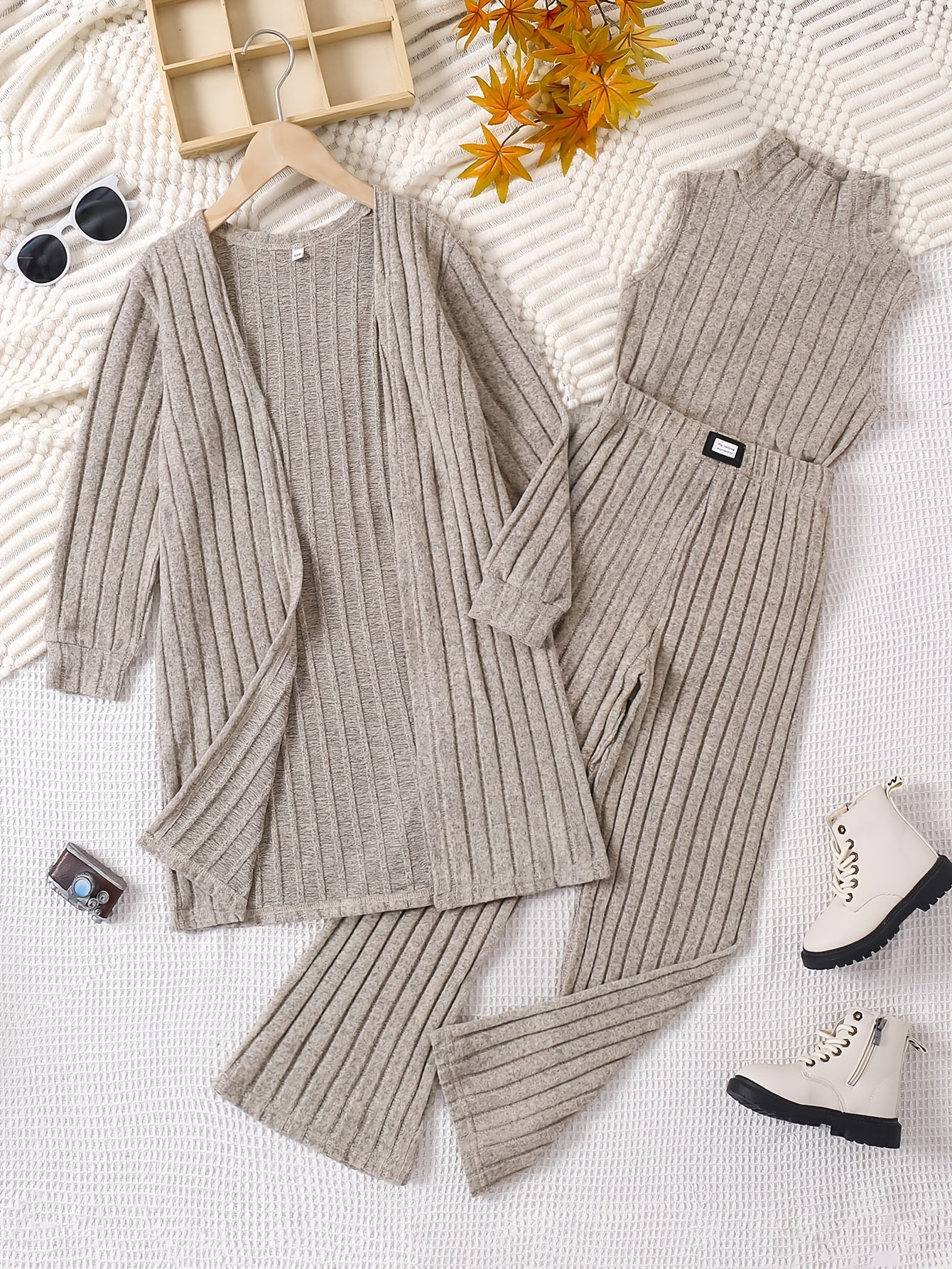 Девочкиный вязаный кардиган с длинными рукавами, топ и штаны для весны и осени, повседневный уличный стиль
