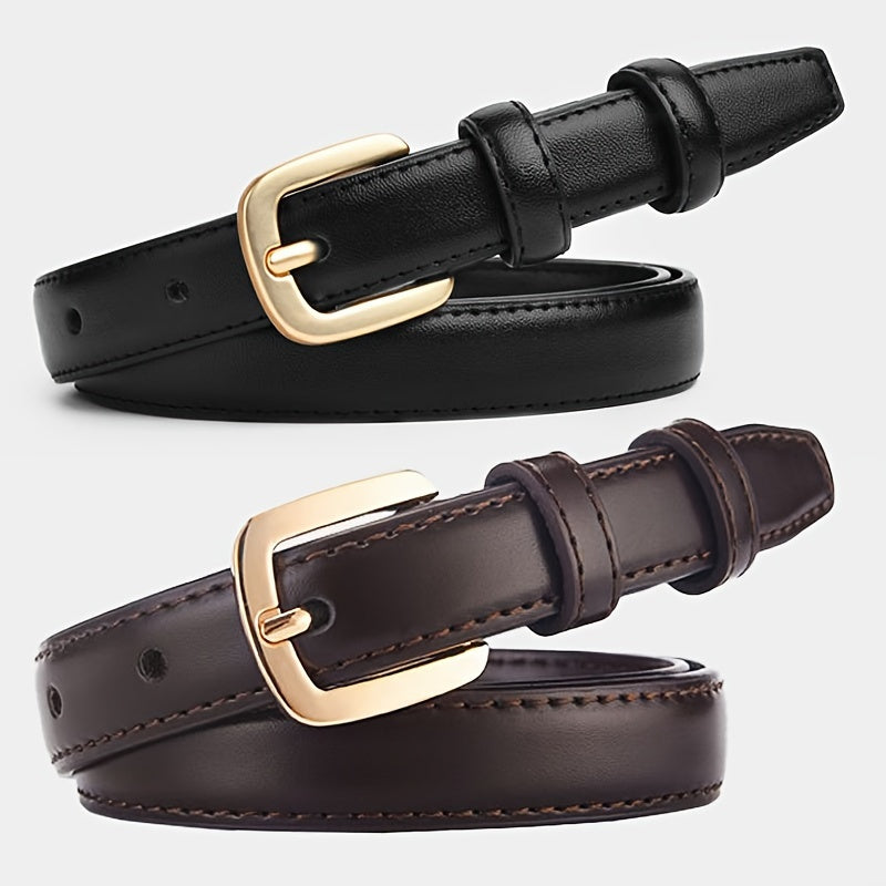 Women's PU Leather Belts with Golden Buckle 2-Pack Casual Vintage for Jeans Dresses