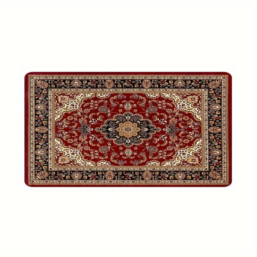 Bir dona qizil vintage naqshli yumshoq flanel non-slip pol matozi oshxona va hammom uchun. Kvadrat shaklida, 480g vaznida va 1 sm qalinlikda.