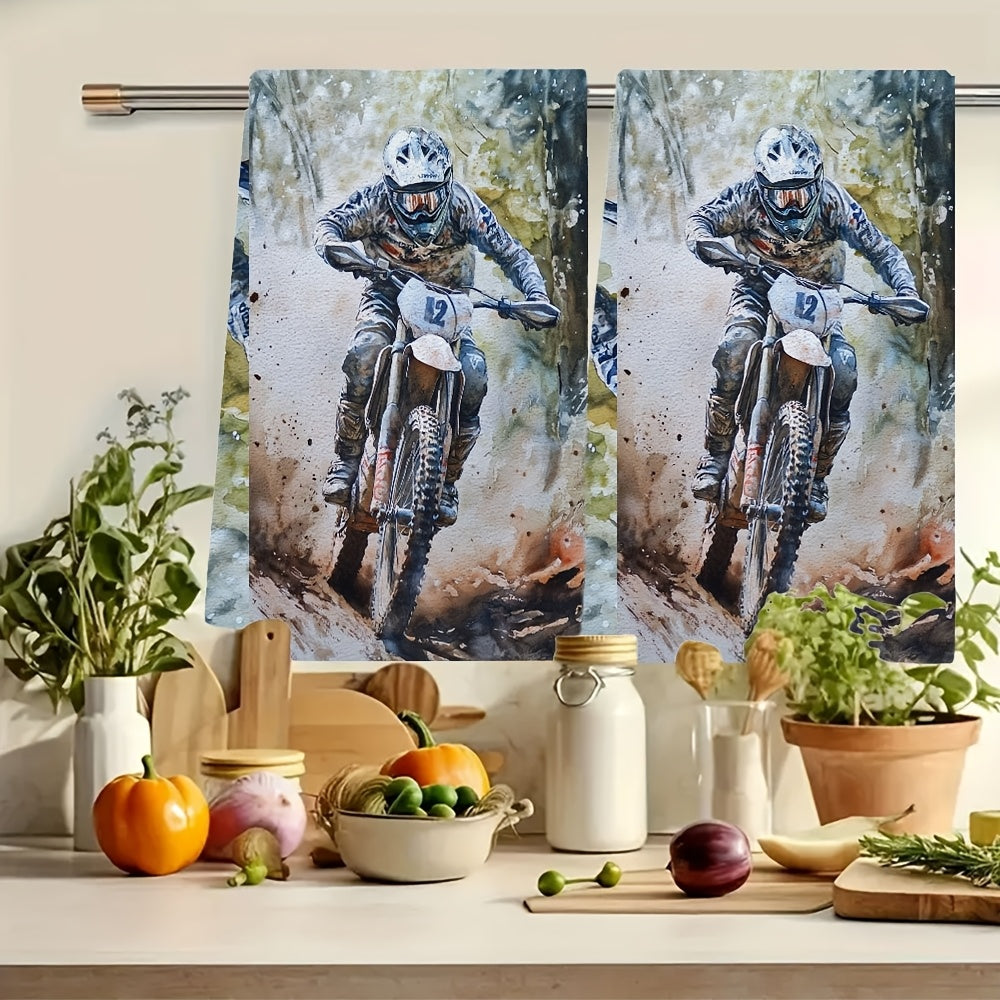 Set of 2 Ultra Soft Kitchen Towels Enduro Bike Rider Design 40x60cm Absorbent