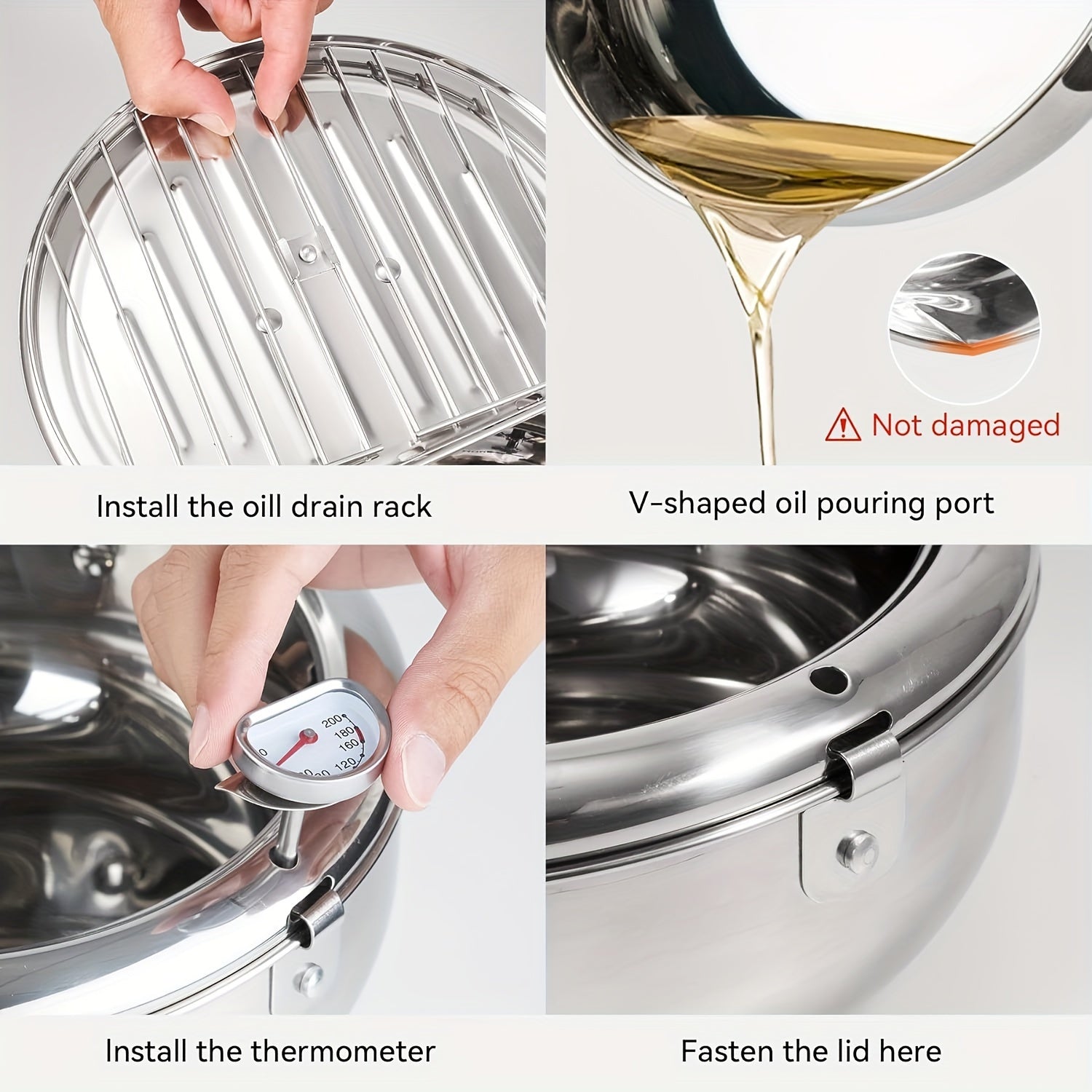 Stainless Steel Deep Fryer with Temperature Control Thermometer Lid 74 oz Induction Compatible