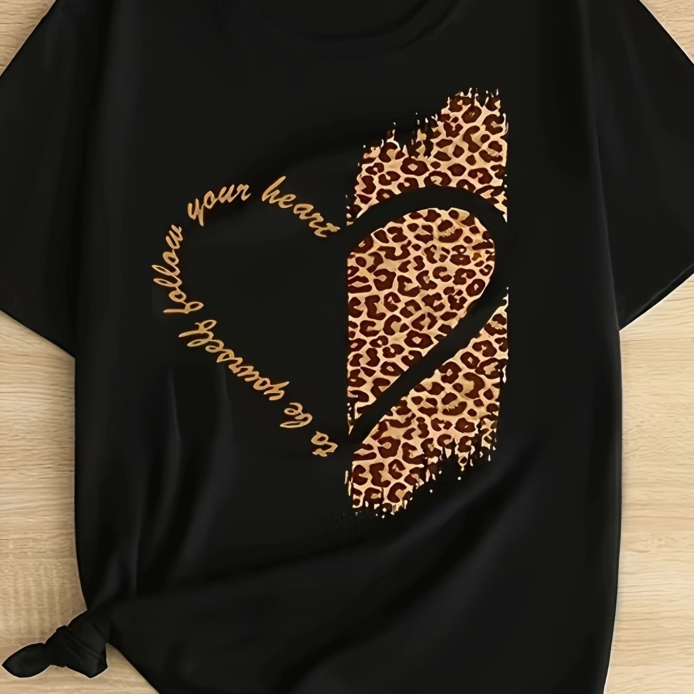 Plus Size Leopard Heart Print T-Shirt for Women Casual Spring Summer Polyester