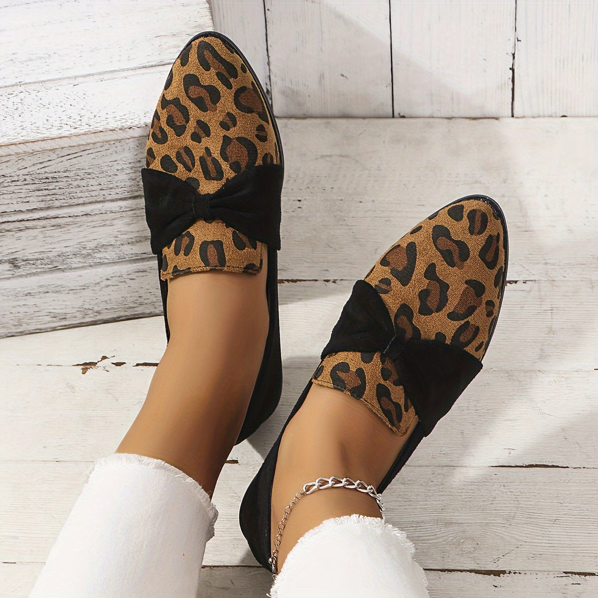Women's Leopard Print Oxfords Flat Shoes with Rubber Sole & Spike Embellishments