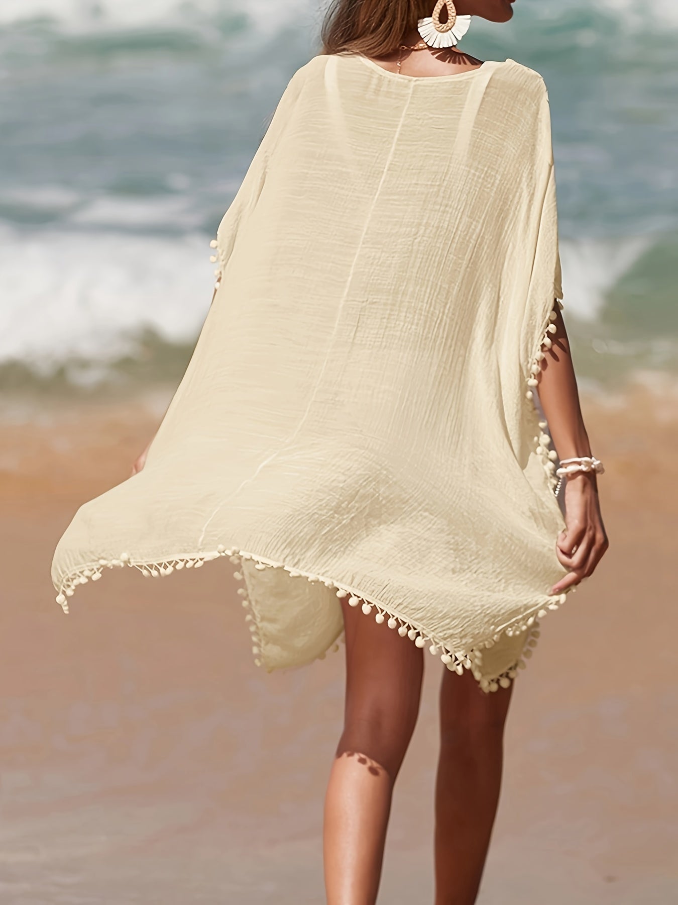 Bohemian Crochet Cover Up for Women with Batwing Sleeves and Side Split Beach Sun Protection