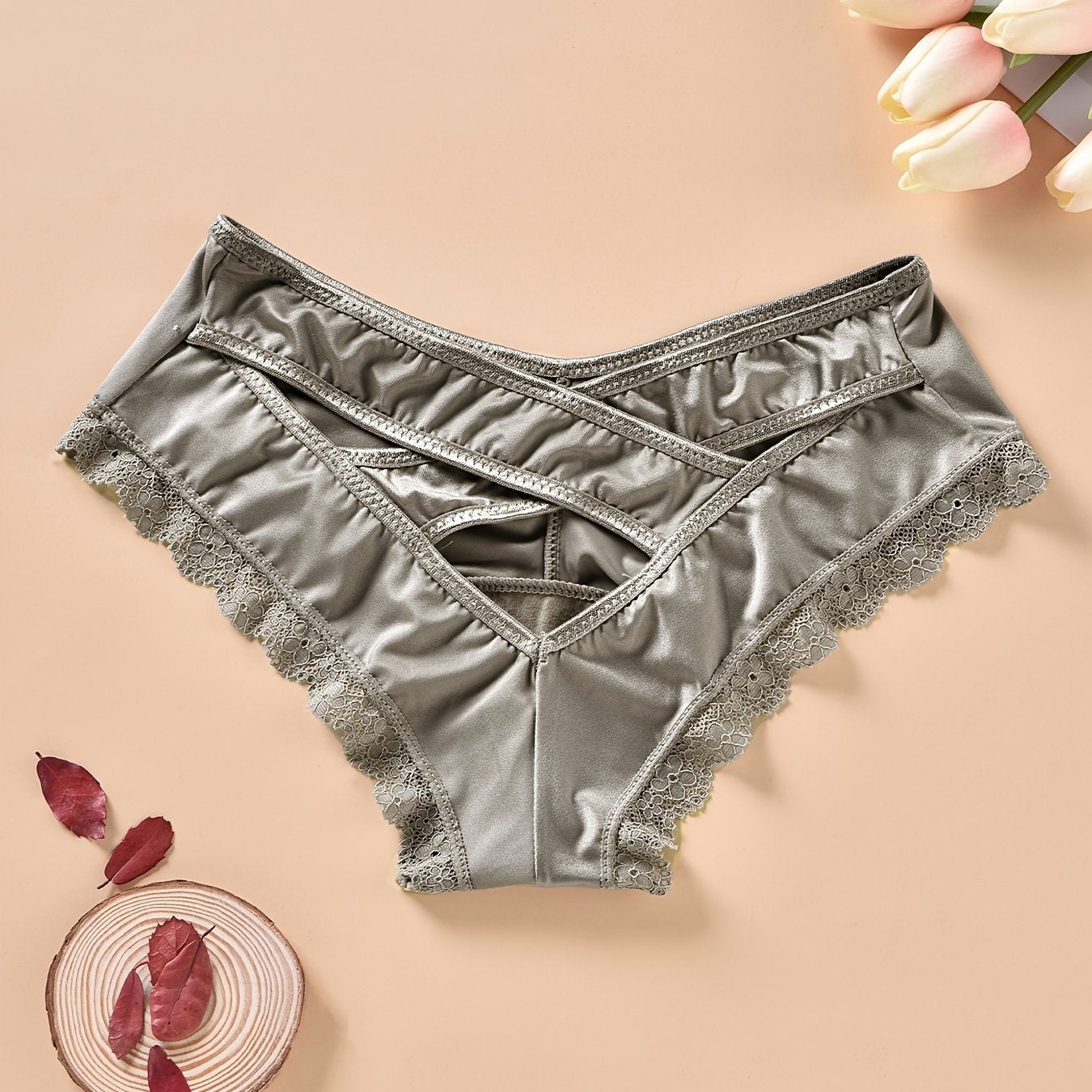 Women's Lace Trim Hipster Panties with Cross Hollow Out Breathable Underwear