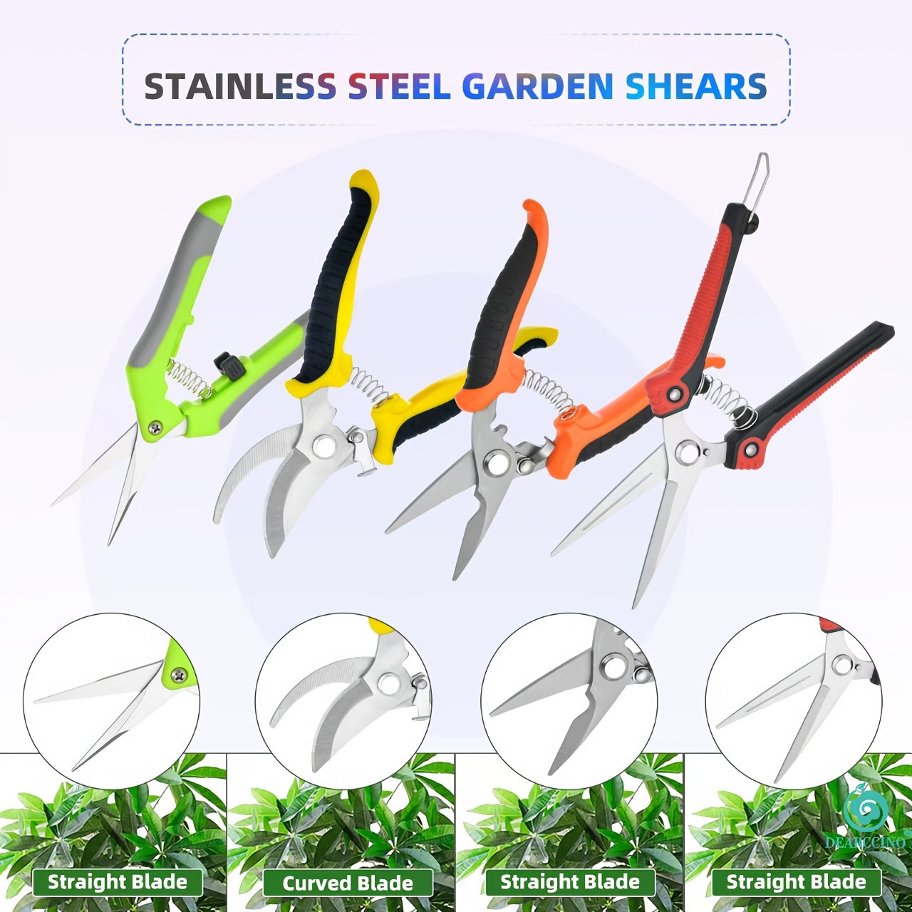 Juego de 4 tijeras de poda de acero inoxidable para jardinería y recolección de frutas