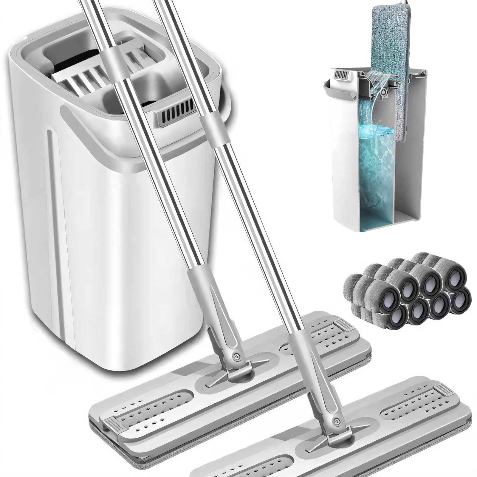 2-Piece Microfiber Mop Set with Telescopic Handle and 8 Pads for Wet Dry Cleaning