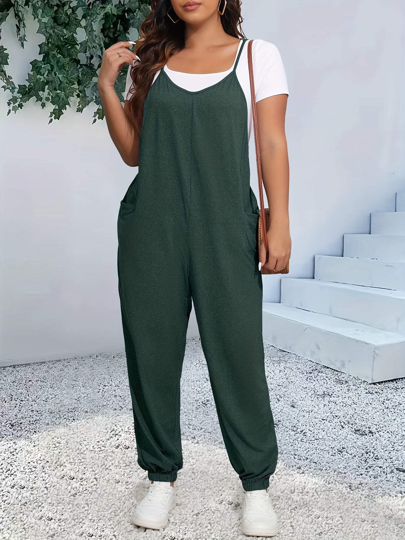 Plus Size Women's Heathered Cami Jumpsuit with Pockets Tapered Leg