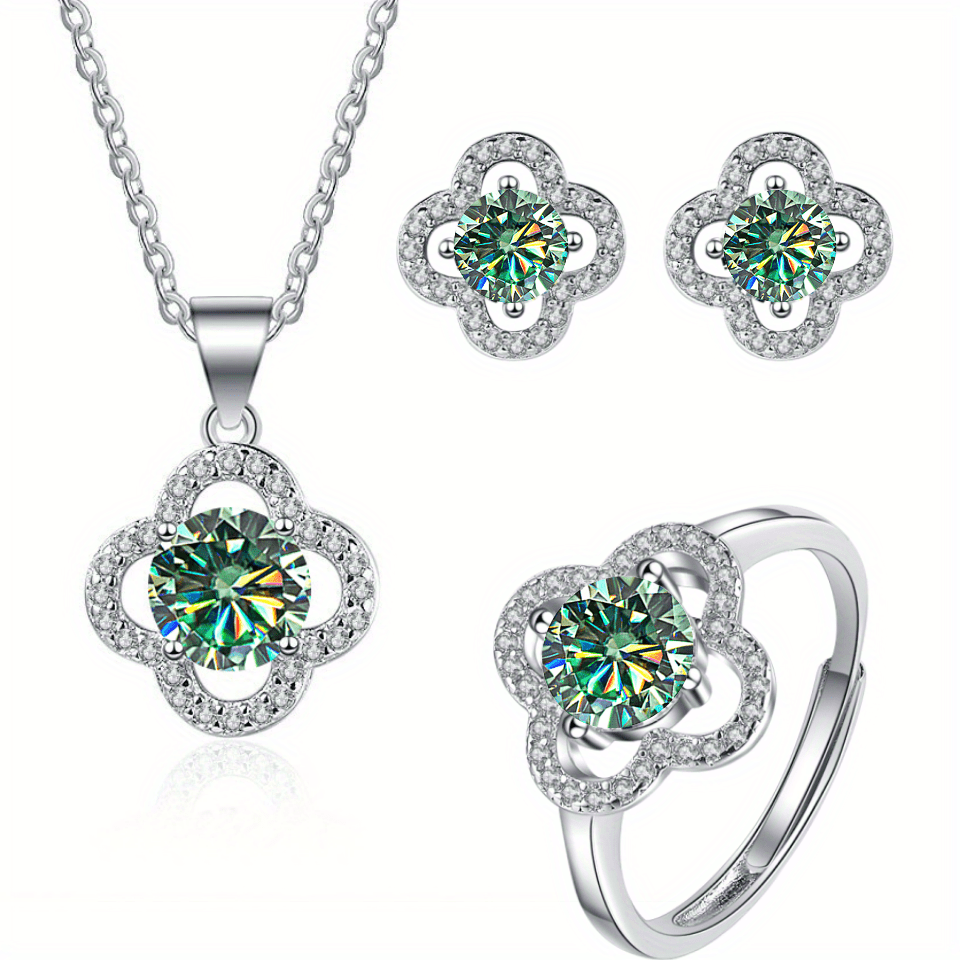 Moissanite Jewelry Set 925 Sterling Silver Earrings Necklace Ring Flower Design Gift