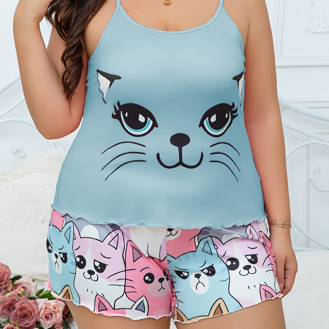 Plus Size Women's Cotton Cat Print Camisole Shorts Set