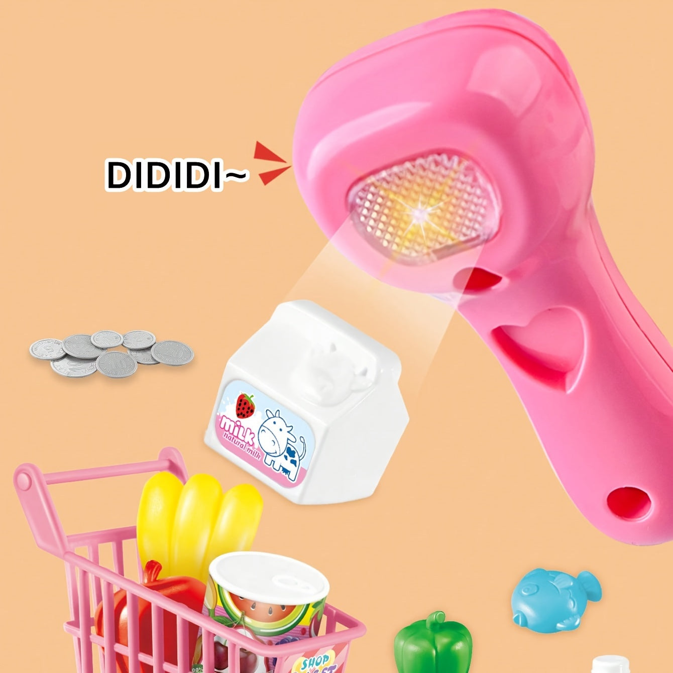 Mini Cash Register Pretend Play Set with Scanner Credit Card and Fruits for Kids 3+