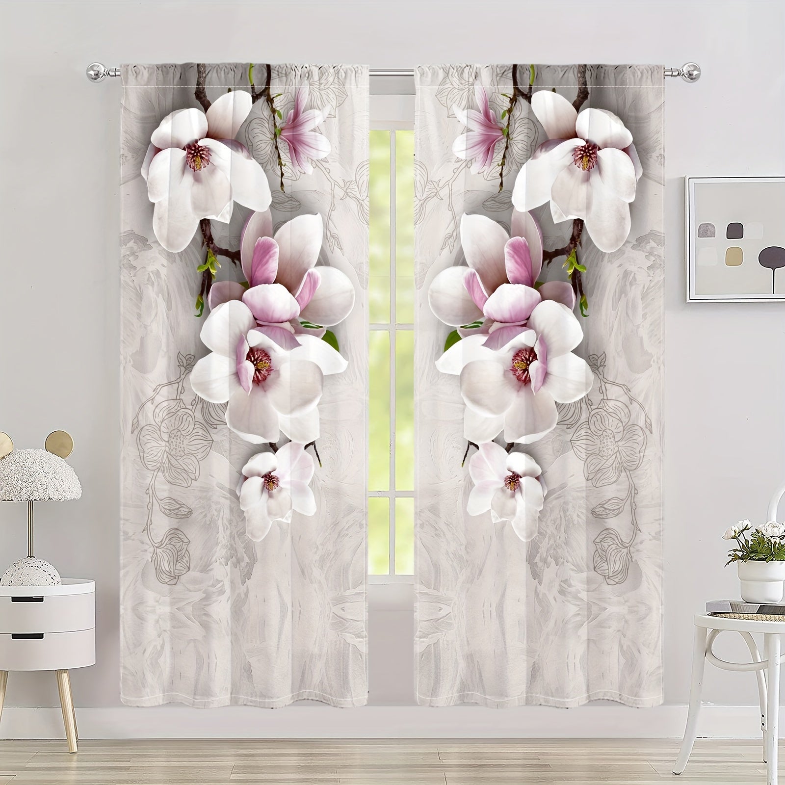 Set of 2 Magnolia Patterned Semi-Blackout Curtains with Rod Pocket for Bedroom Living Room Kitchen