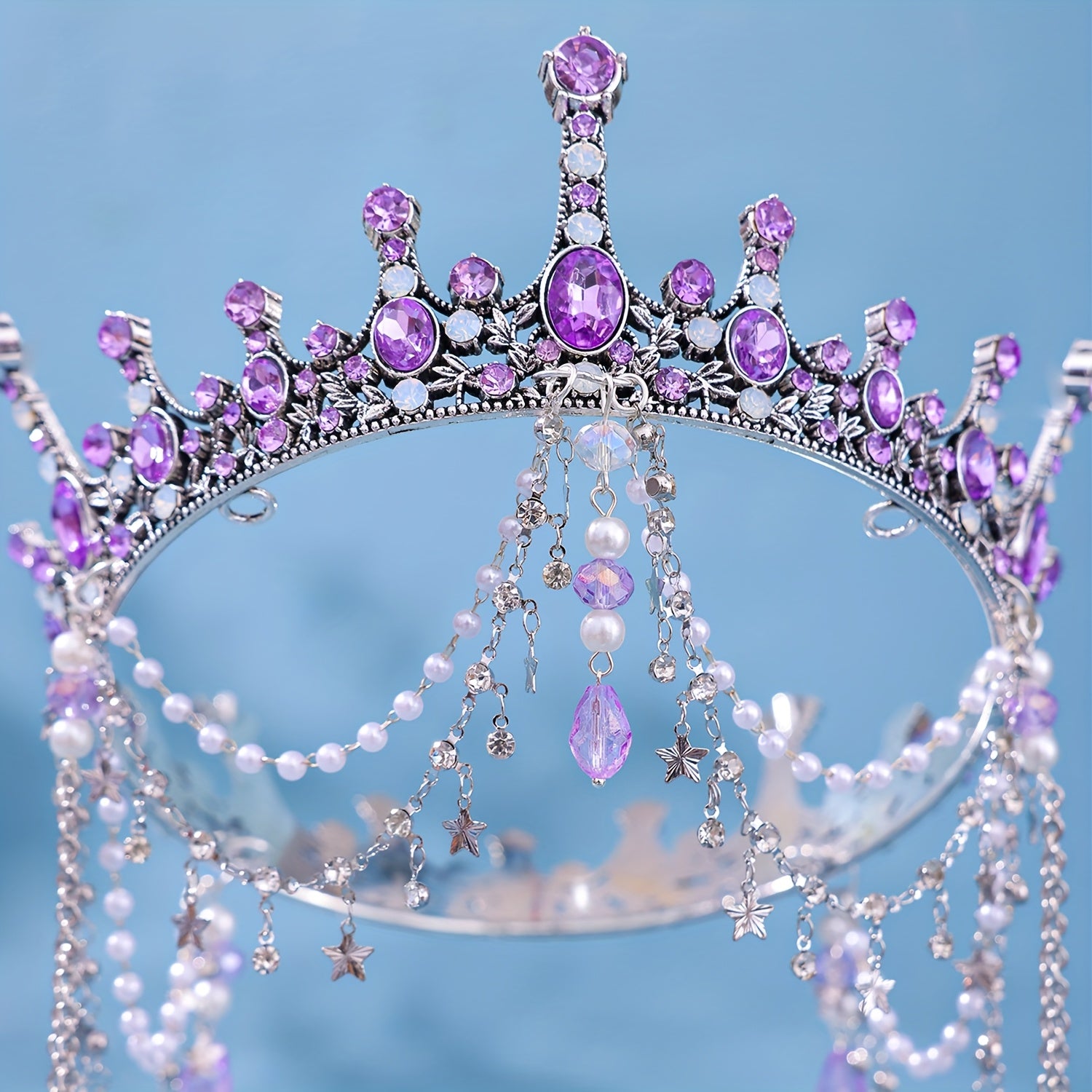Purple Rhinestone Crown Headband for Women Wedding Party Tiara Hair Accessory