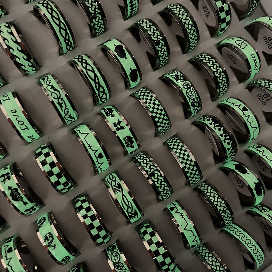 Glow-in-the-Dark Stainless Steel Rings Set of 10 or 20 for Punk and Hip Hop Style