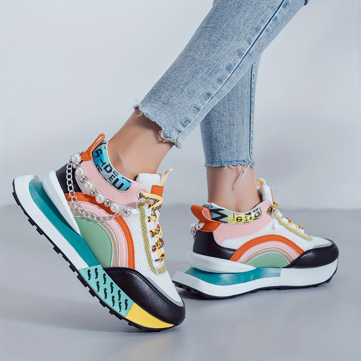 Women's Sneakers with Sparkling Bead Chain Breathable Mesh Lace-Up All-Season Mid Top