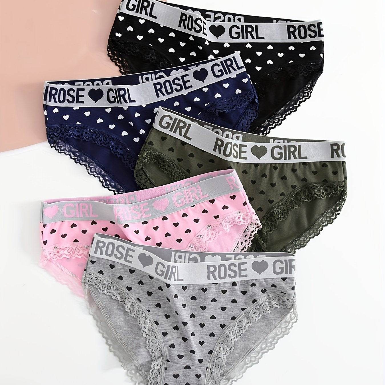 Women's Briefs 5-Pack Rose Heart Print Low-Rise Spandex Knit Underwear