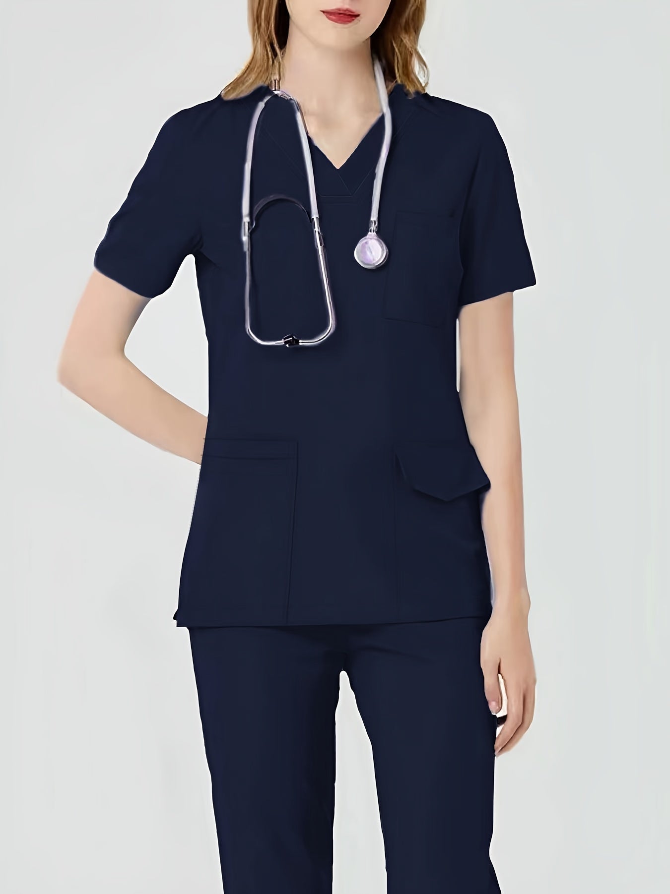 Women's Health Care Uniform Set V-Neck Top with Pockets and Solid Pants