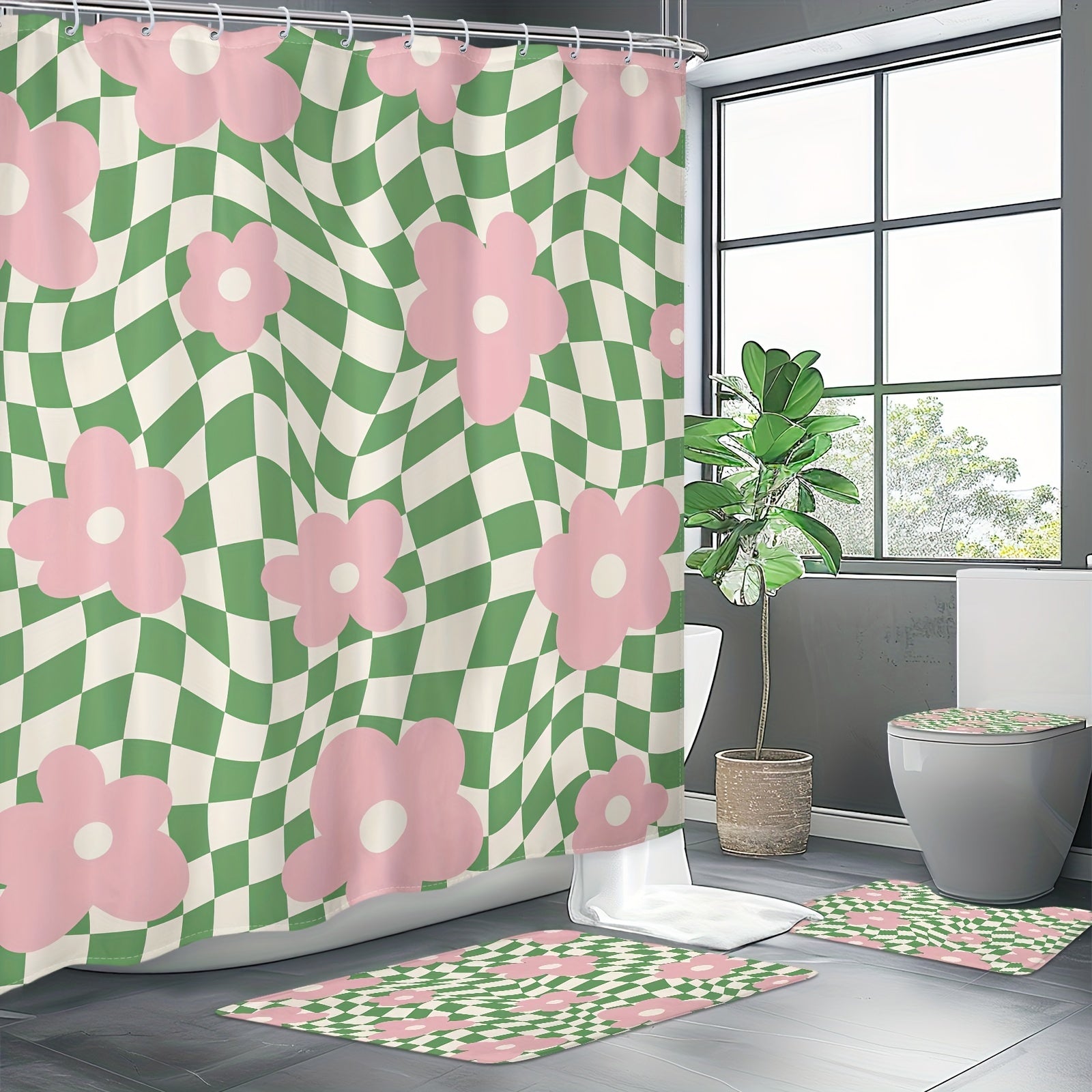 Polyester Shower Curtain Pink Green Floral Checkered 152x183 cm Waterproof Machine Washable