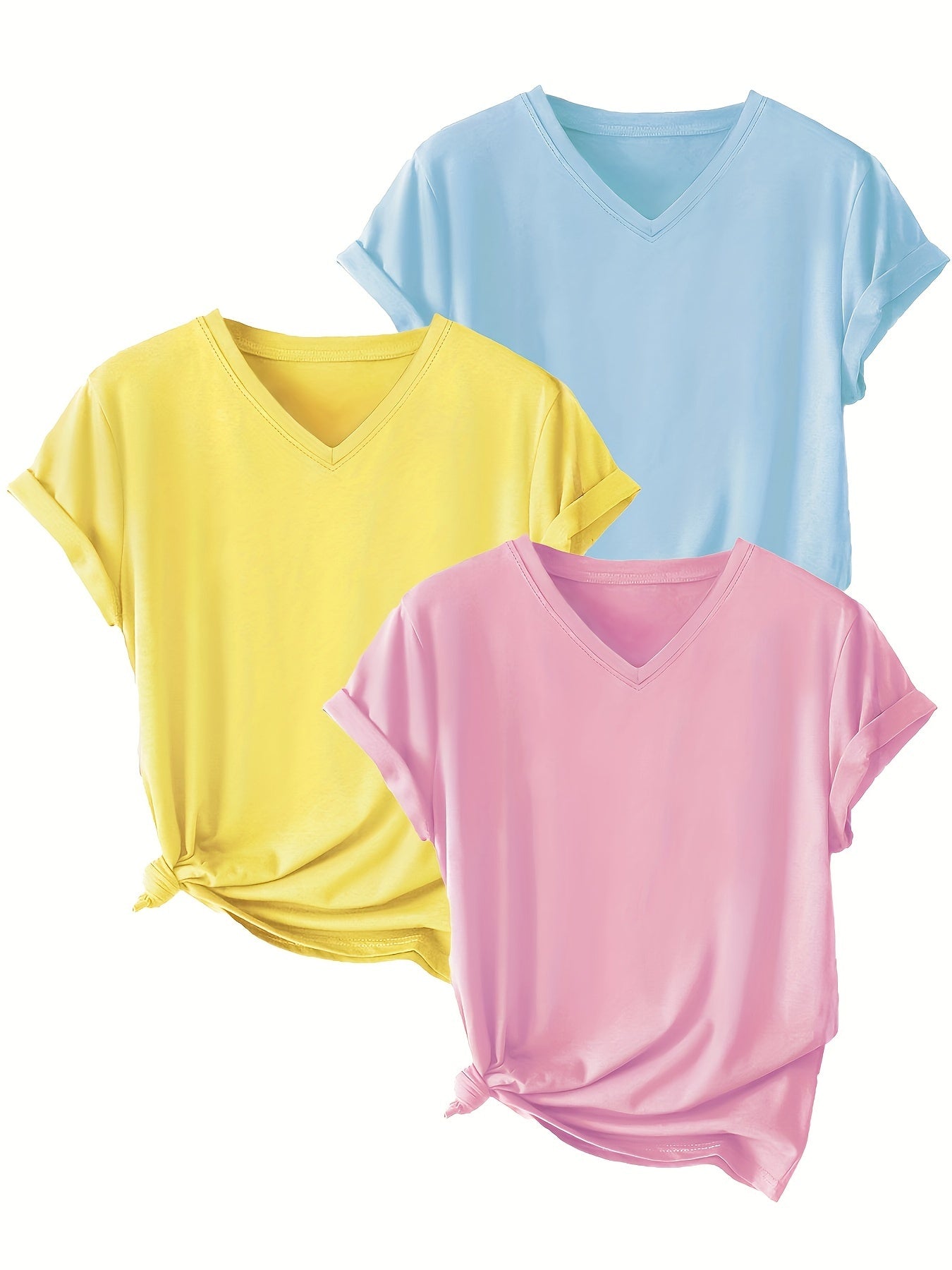 Plus-Size Solid Color V-Neck T-Shirts for Women Casual Short Sleeve Pack of 3