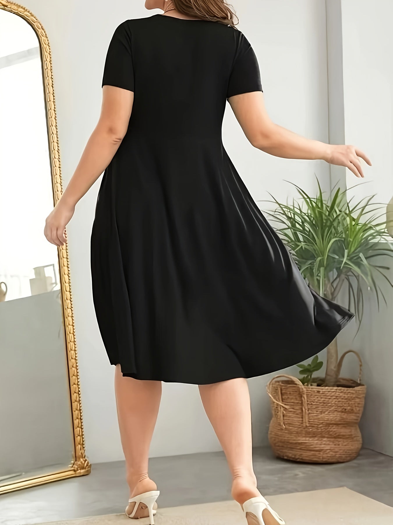 Women's Polyester V-Neck Raglan Sleeve Dress with Fake Buttons and Flared Hem for Spring Summer Casual