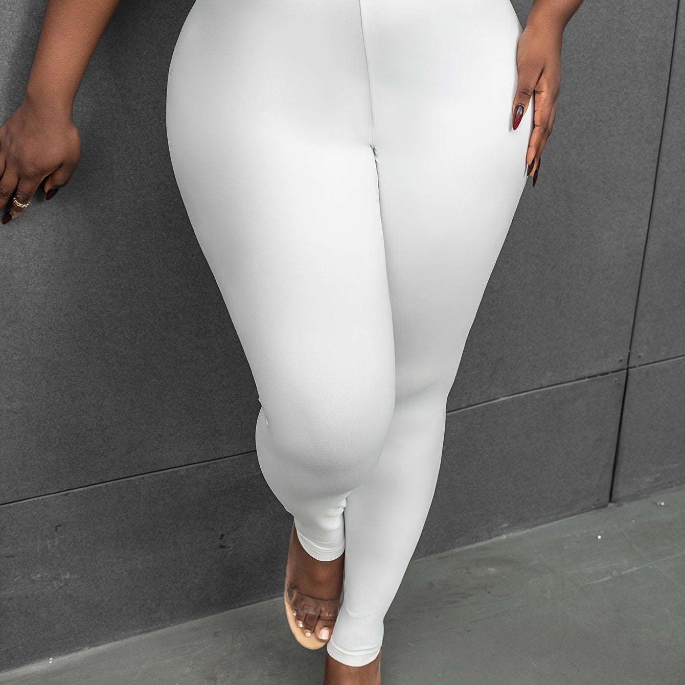 Plus Size High-Waisted Leggings Solid Color Non-See-Through Polyester Women