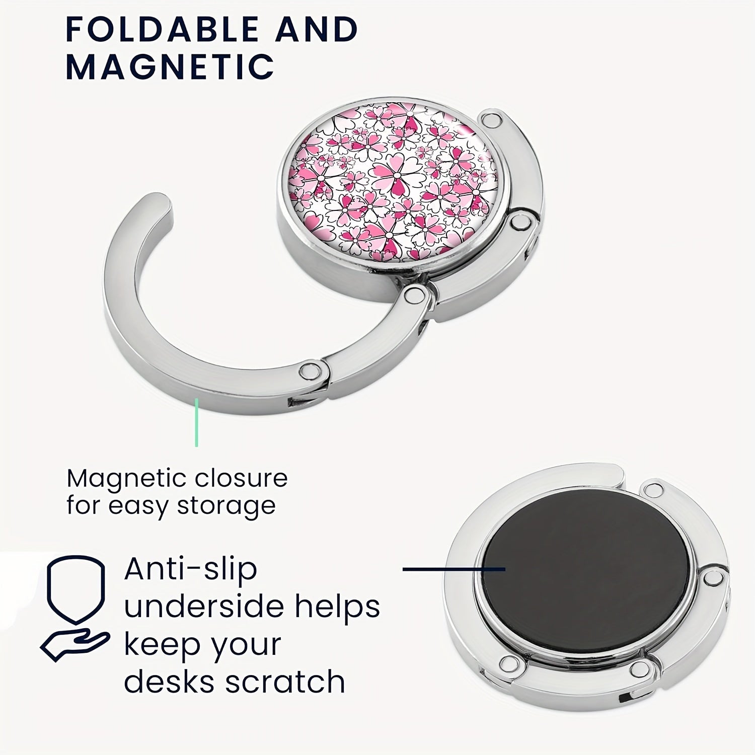 Gancho portátil para bolso con cierre magnético rosa floral aleación de zinc antideslizante para bolsos