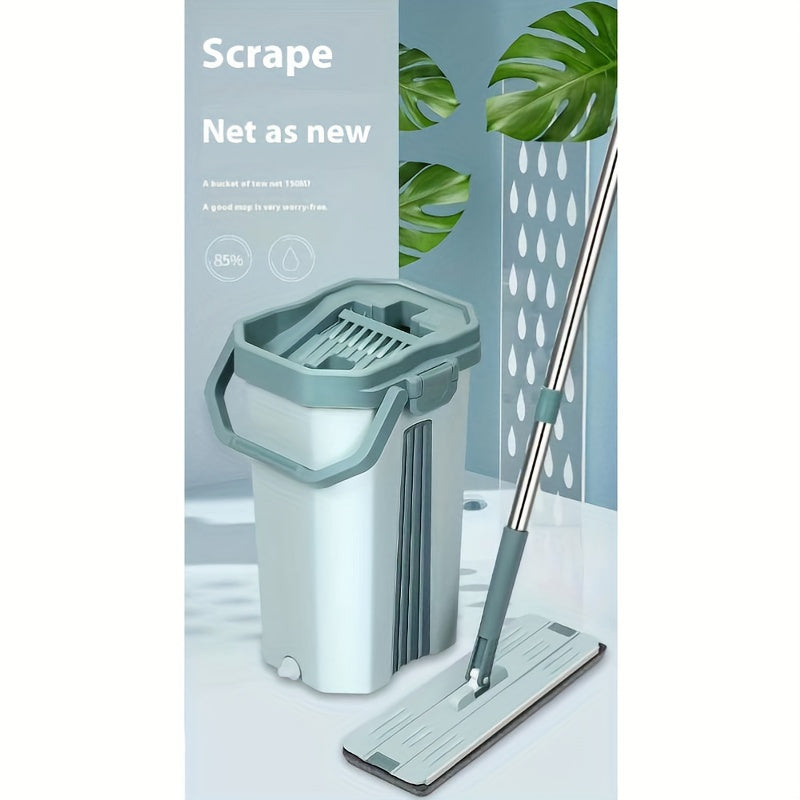 Stainless Steel Flat Mop Set with Bucket, Hands-Free Wringer, Microfiber Pads