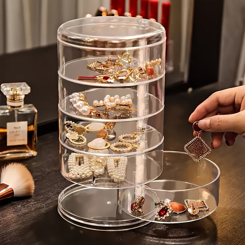 5-Tier Jewelry Organizer with Rotating Earring and Bracelet Storage Clear Dustproof Lid