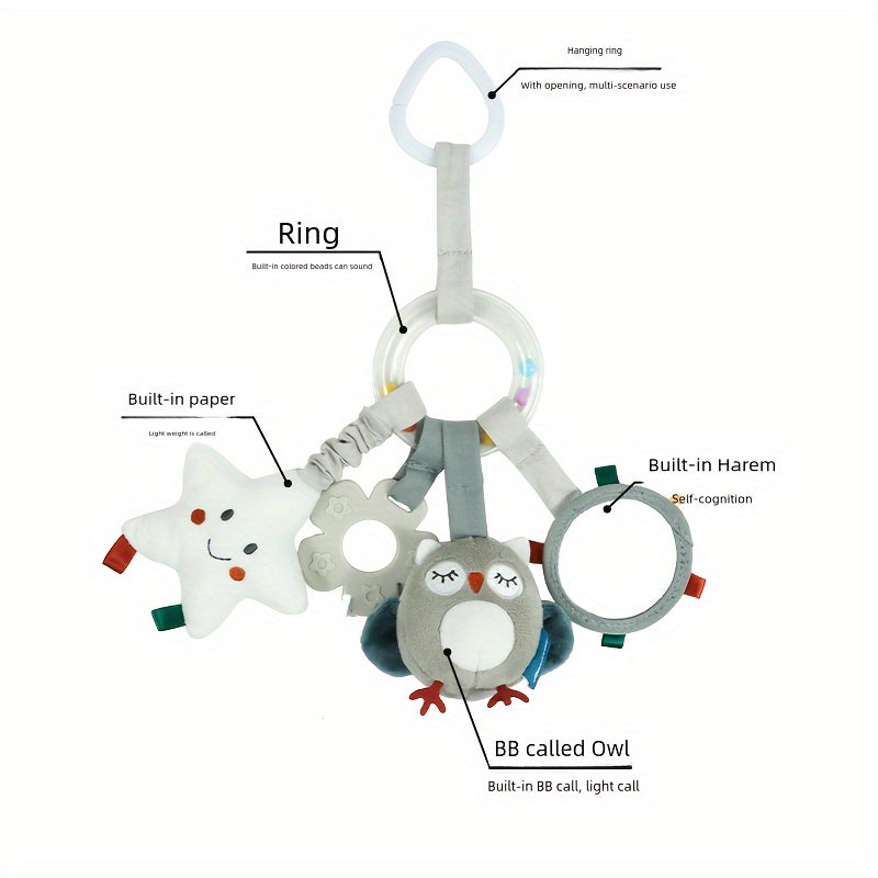 Baby Car Seat Toy Plush Mobile with Mirror Teething Ring Textured Beads for Stroller and Crib