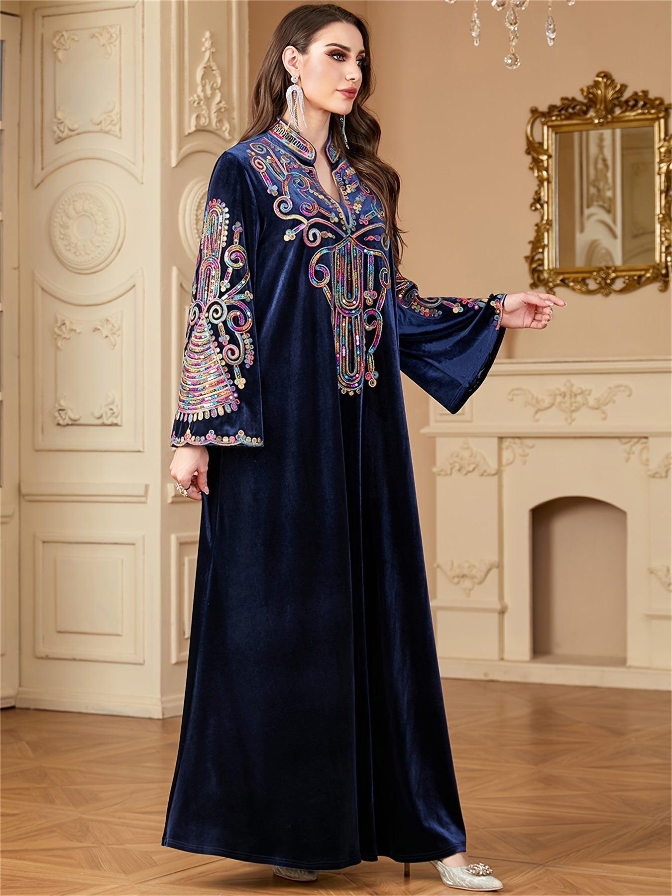 Women’s Dark Blue Sequin Abaya with Floral Patterns Long Sleeve Velvet Maxi Dress for Ramadan and Formal Events