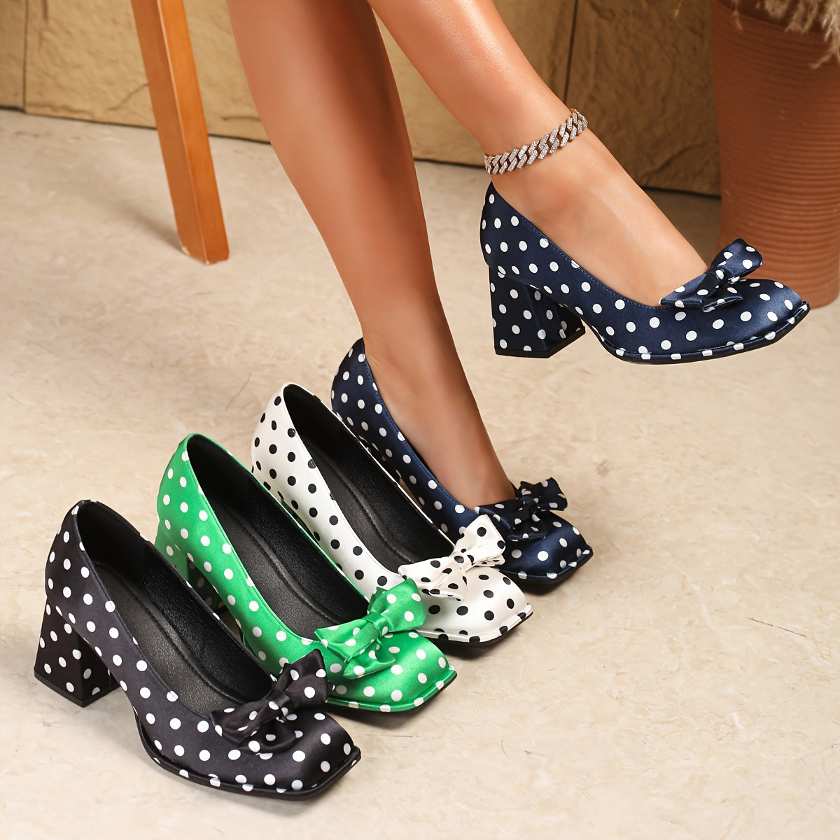 Ayollar uchun polka nuqta Mary Jane poyabzal, bog'lamli kvadrat barmoqli, blok poyabzal, qulay oyoq kiyimlar, turli ranglarda