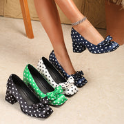 Ayollar uchun polka nuqta Mary Jane poyabzal, bog'lamli kvadrat barmoqli, blok poyabzal, qulay oyoq kiyimlar, turli ranglarda